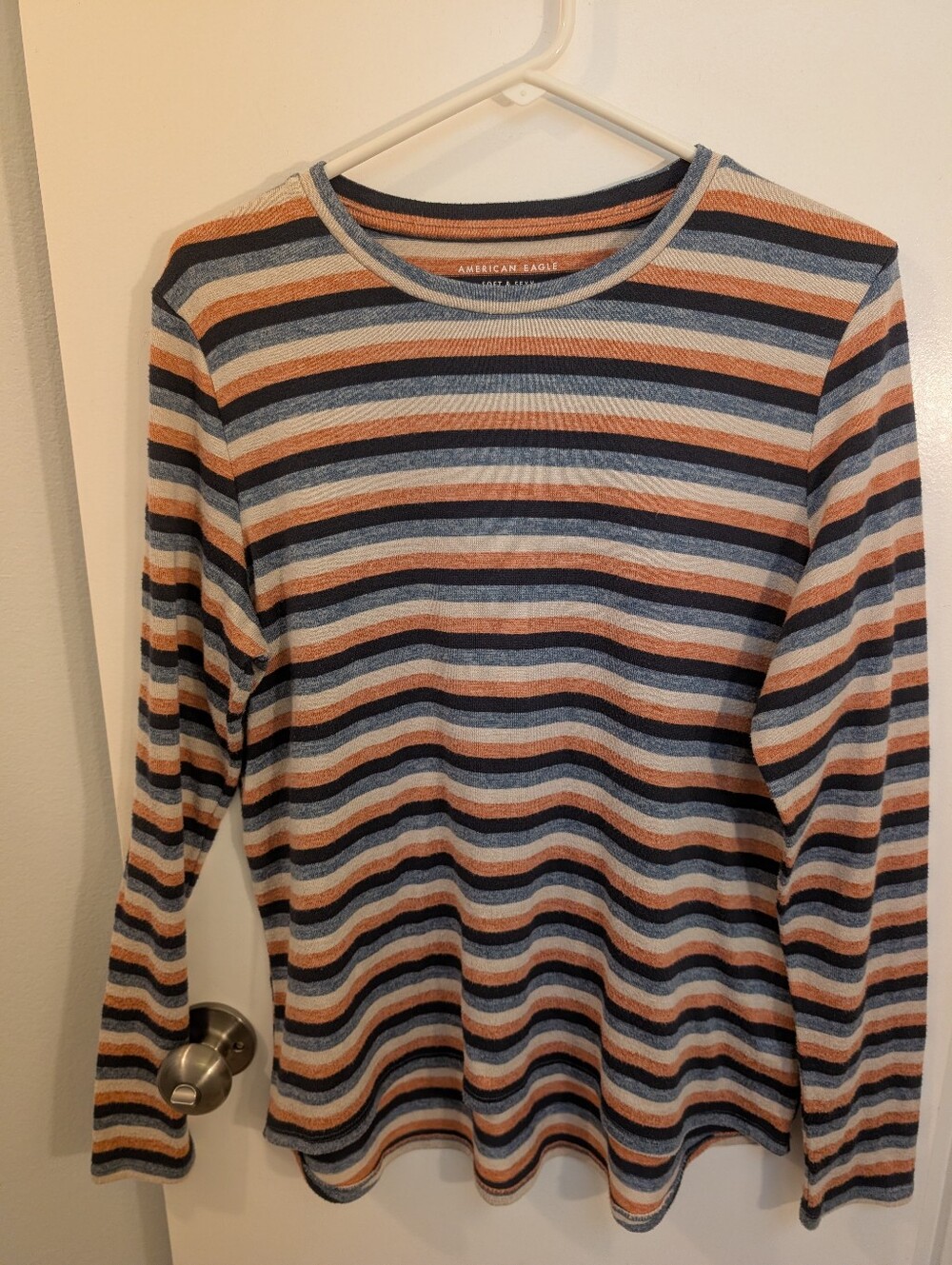 American Eagle Outfitters Womens Striped Crewneck  - Navy, Blue, Tan